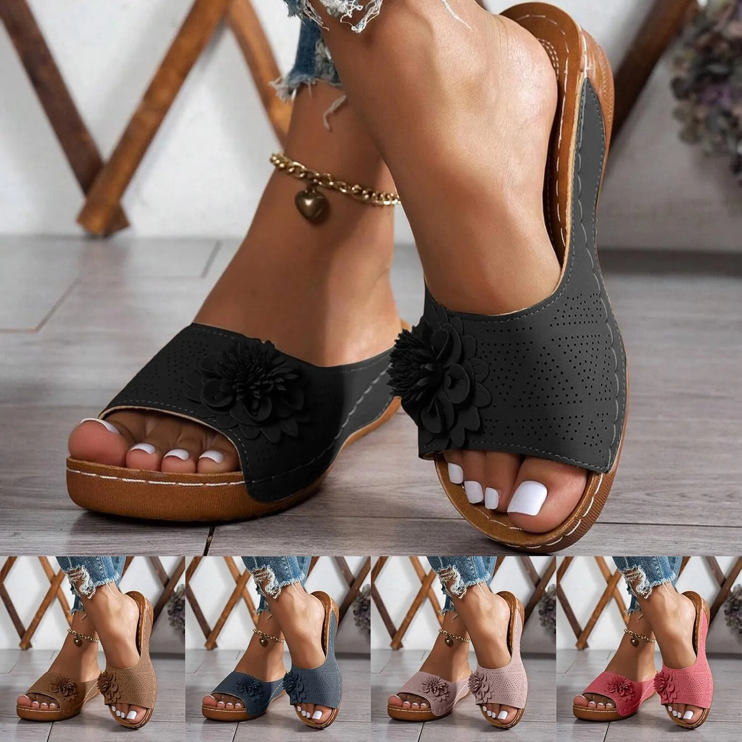 Chic Flowers Orthopedic Sandals for Women Arch Support Fish Mouth Open Toe Leather Slippers Wedge Platform Sandal Dressy Summer Comfortable Slide Sandals