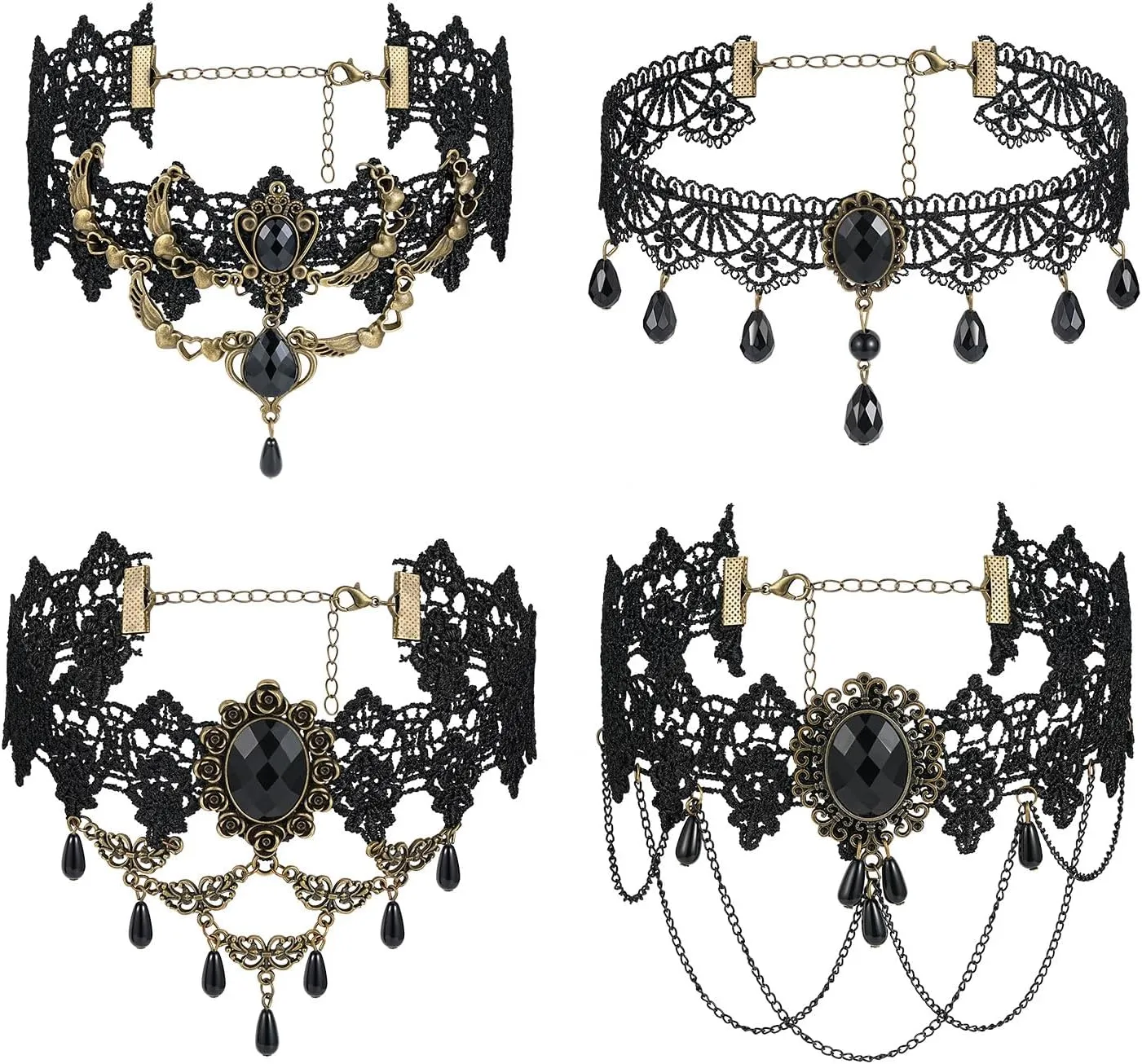 Choker Necklace for Women, Gothic Black Choker Layered Necklaces, 4 Pcs Retro Choker Tassels Necklaces Set, Halloween Cosplay Party Concert Jewelry Accessory