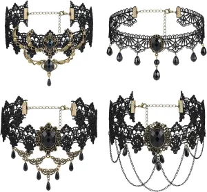 Choker Necklace for Women, Gothic Black Choker Layered Necklaces, 4 Pcs Retro Choker Tassels Necklaces Set, Halloween Cosplay Party Concert Jewelry Accessory