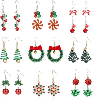 Christmas Earrings Set for Women Chritmas Ornament Earrings Xmas Tree Jingle Bell Bow Snowflake Wreath Hook Dangle Earrings Holiday Festive Jewelry Gifts