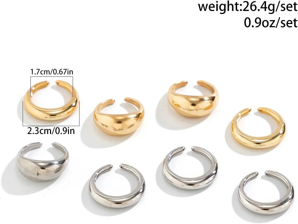 Chunky Gold & Silver Rings Set - Adjustable Thick Statement Rings for Women