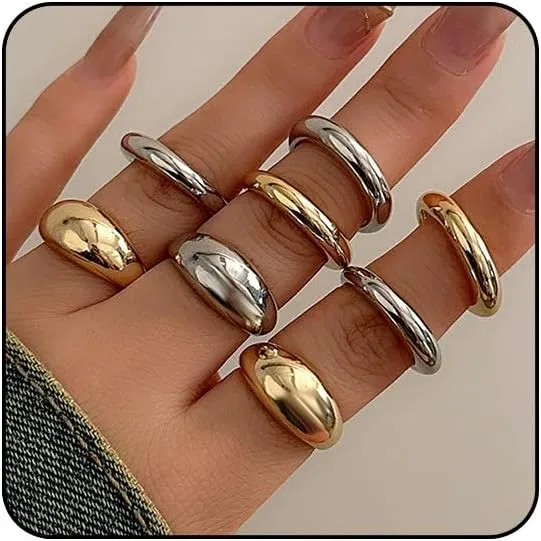 Chunky Gold & Silver Rings Set - Adjustable Thick Statement Rings for Women
