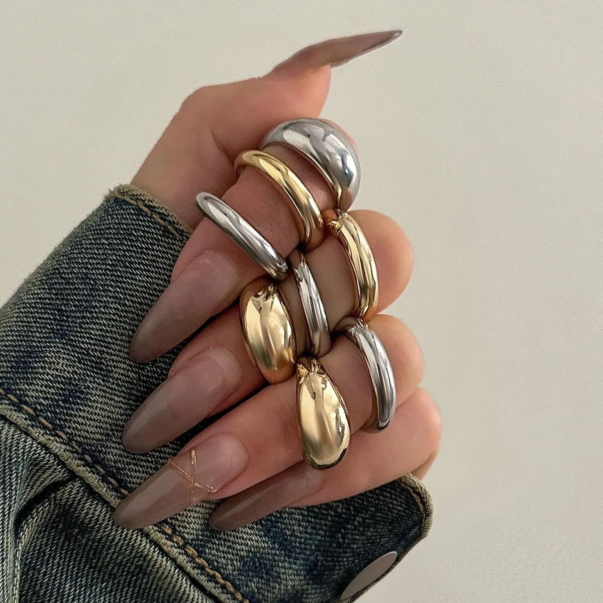 Chunky Gold & Silver Rings Set - Adjustable Thick Statement Rings for Women