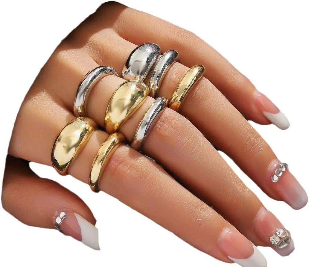 Chunky Gold & Silver Rings Set - Adjustable Thick Statement Rings for Women