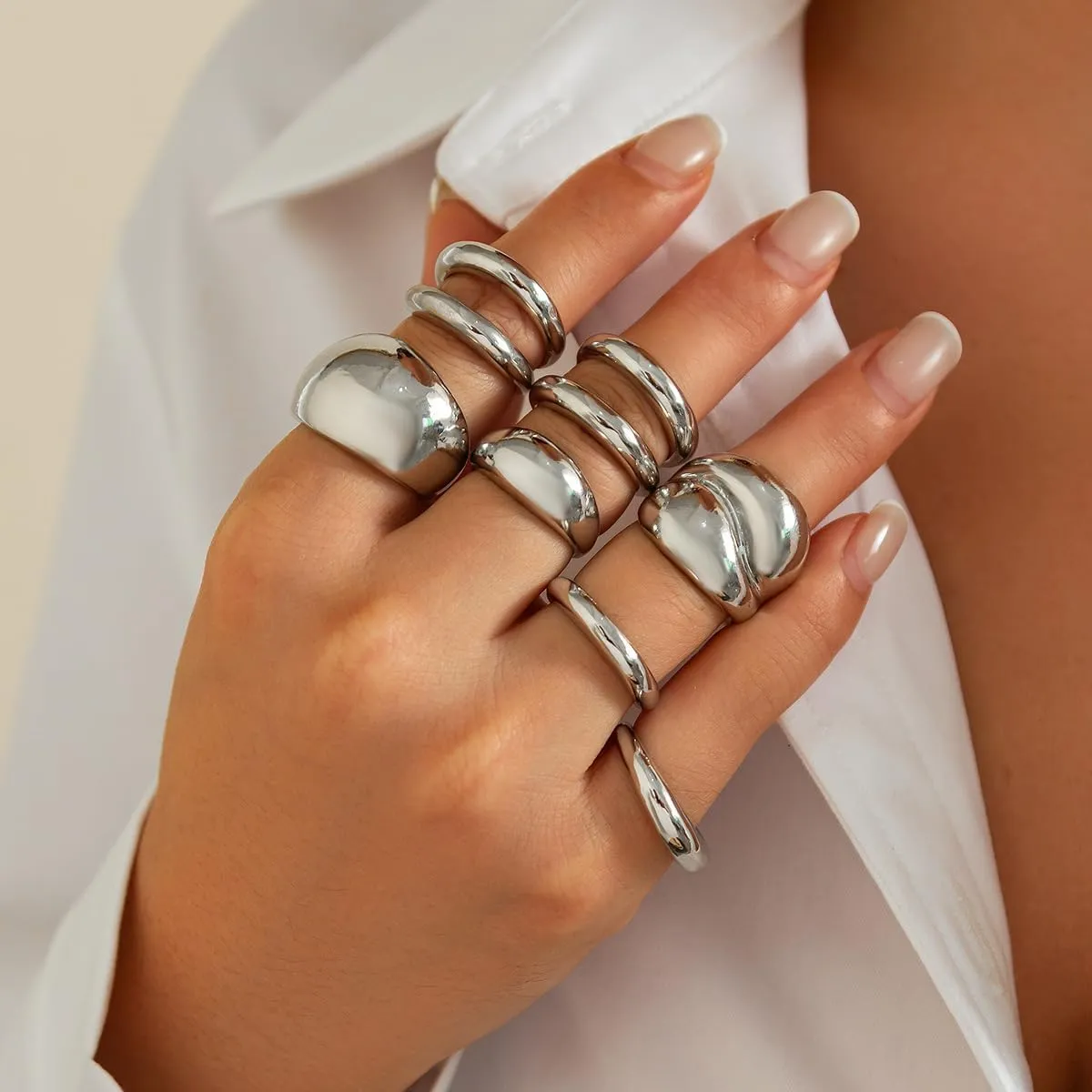 Chunky Gold & Silver Rings Set - Bold Dome Statement Rings for Women