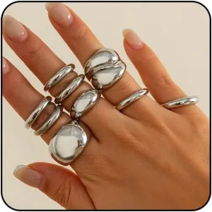 Chunky Gold & Silver Rings Set - Bold Dome Statement Rings for Women