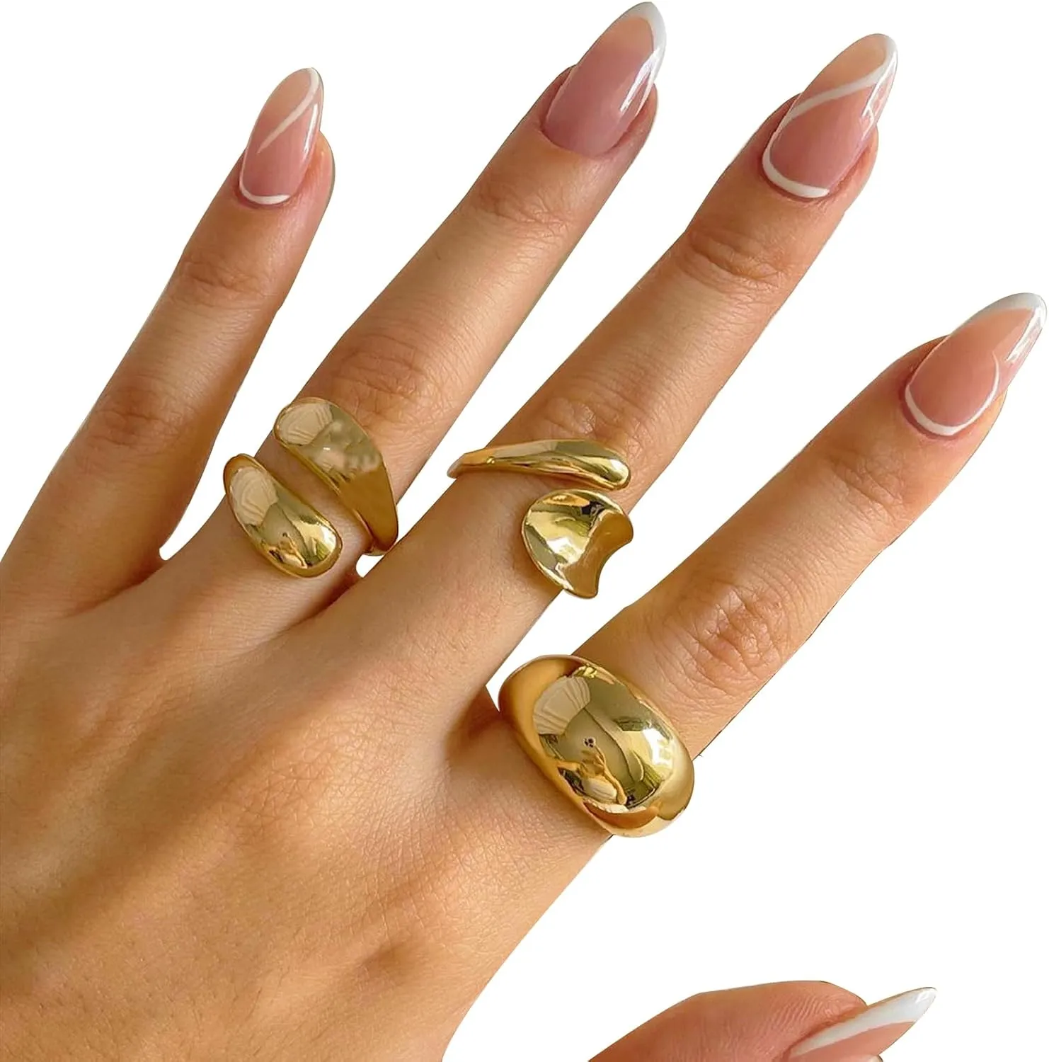 Chunky Gold and Silver Rings for Women - Adjustable Statement Open Bold Thick Stackable Rings Set - Gold Plated Jewelry