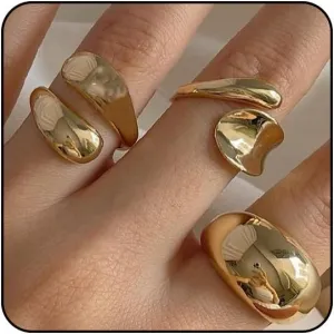 Chunky Gold and Silver Rings for Women - Adjustable Statement Open Bold Thick Stackable Rings Set - Gold Plated Jewelry