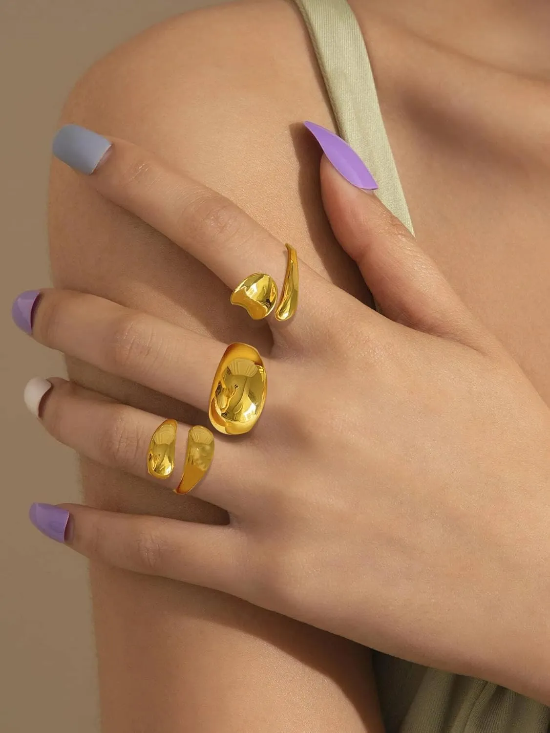 Chunky Gold and Silver Rings for Women - Adjustable Statement Open Bold Thick Stackable Rings Set - Gold Plated Jewelry