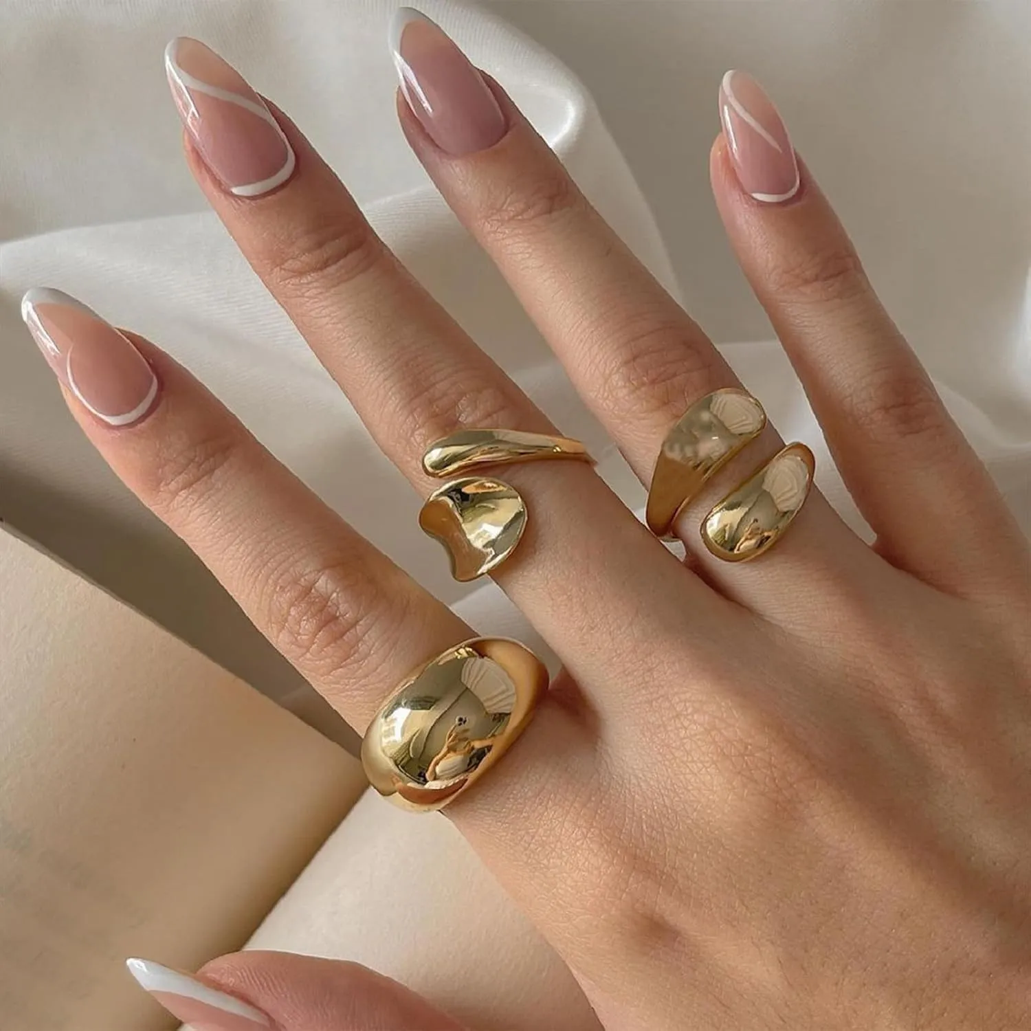 Chunky Gold and Silver Rings for Women - Adjustable Statement Open Bold Thick Stackable Rings Set - Gold Plated Jewelry