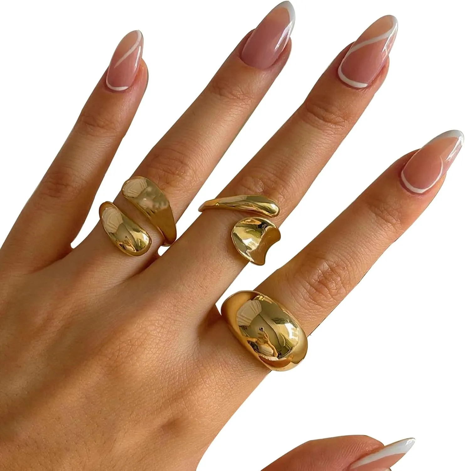 Chunky Gold and Silver Rings for Women - Adjustable Statement Open Bold Thick Stackable Rings Set - Gold Plated Jewelry