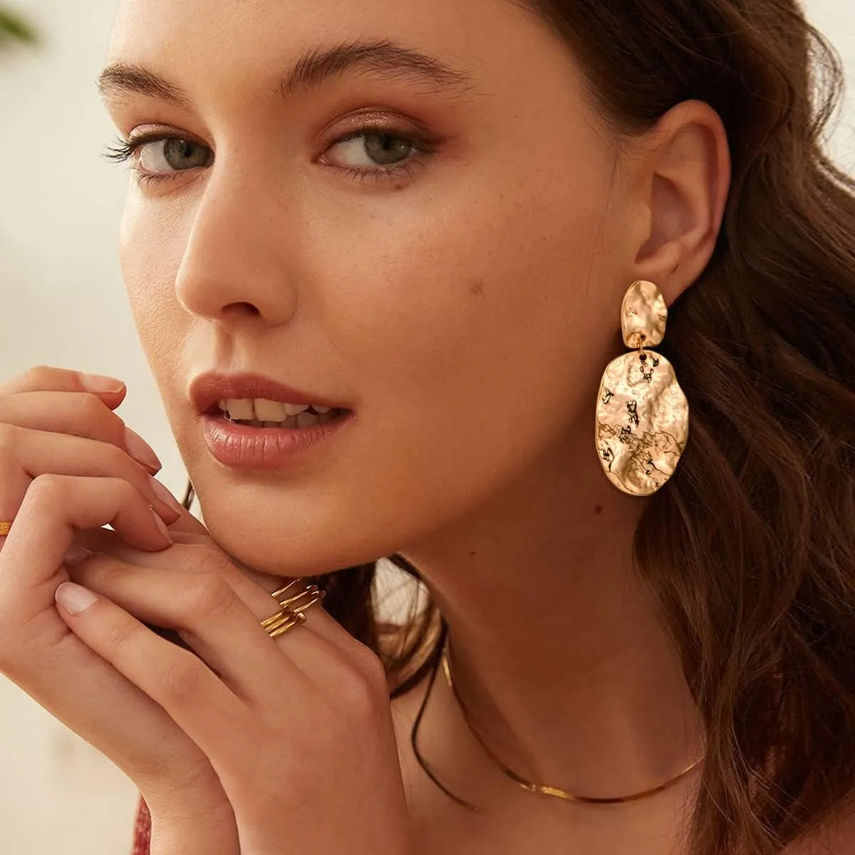 Chunky Gold Earrings for Women - Hammered Gold Plated Dangle Drop Jewelry Gifts