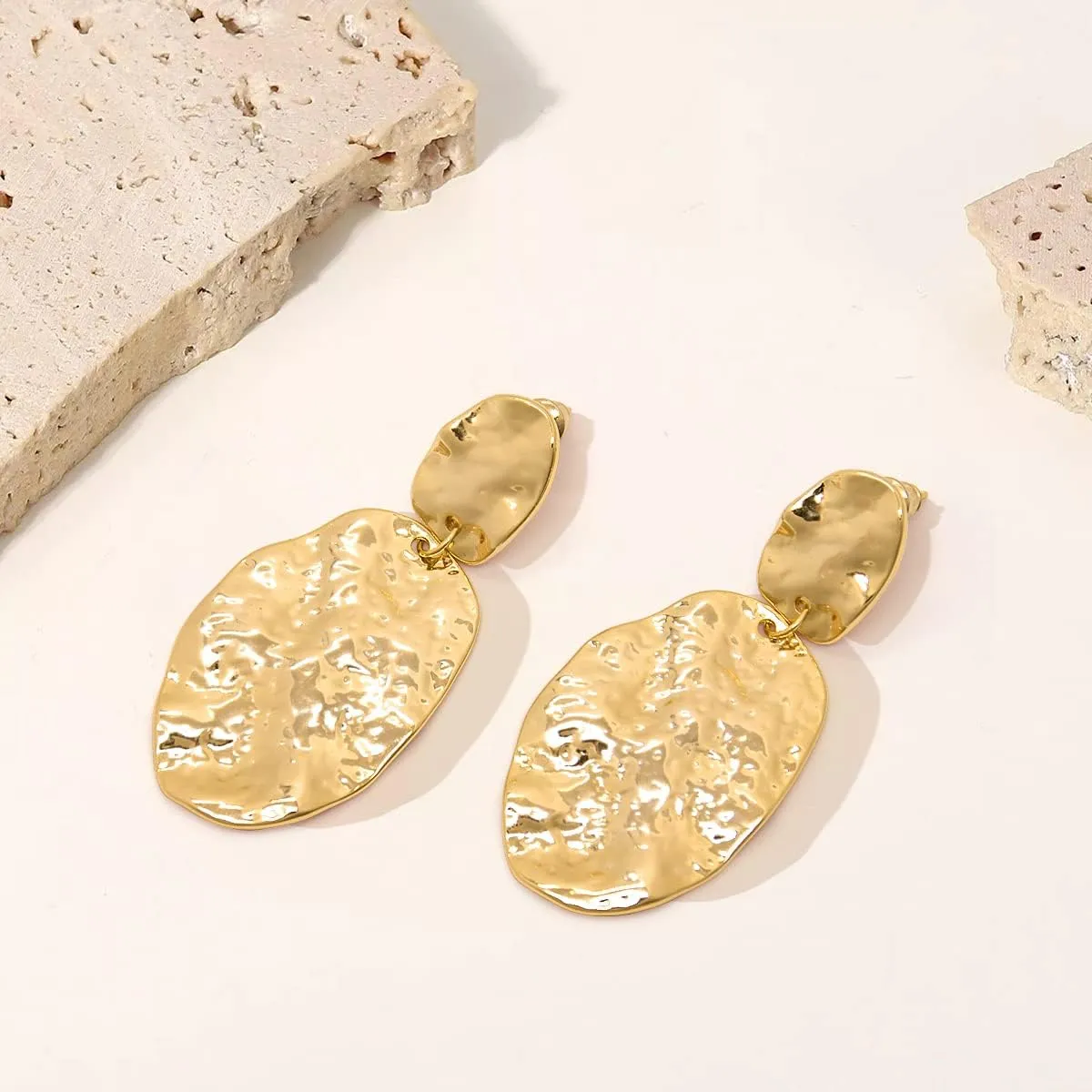 Chunky Gold Earrings for Women - Hammered Gold Plated Dangle Drop Jewelry Gifts