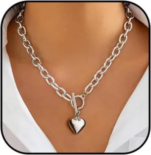 Chunky Gold Heart Necklaces for Women Gold Chunky Cross Necklace Dainty Gold Coin Sun Pendant Necklace Puffy Heart Necklace Cuban Link Necklace OT Buckle Necklace Metal Disc Charm Necklace Gold Statement Jewelry