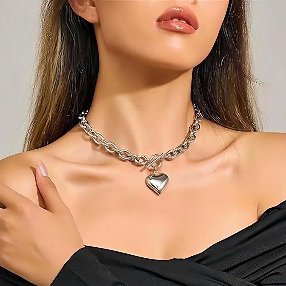 Chunky Gold Heart Necklaces for Women Gold Chunky Cross Necklace Dainty Gold Coin Sun Pendant Necklace Puffy Heart Necklace Cuban Link Necklace OT Buckle Necklace Metal Disc Charm Necklace Gold Statement Jewelry