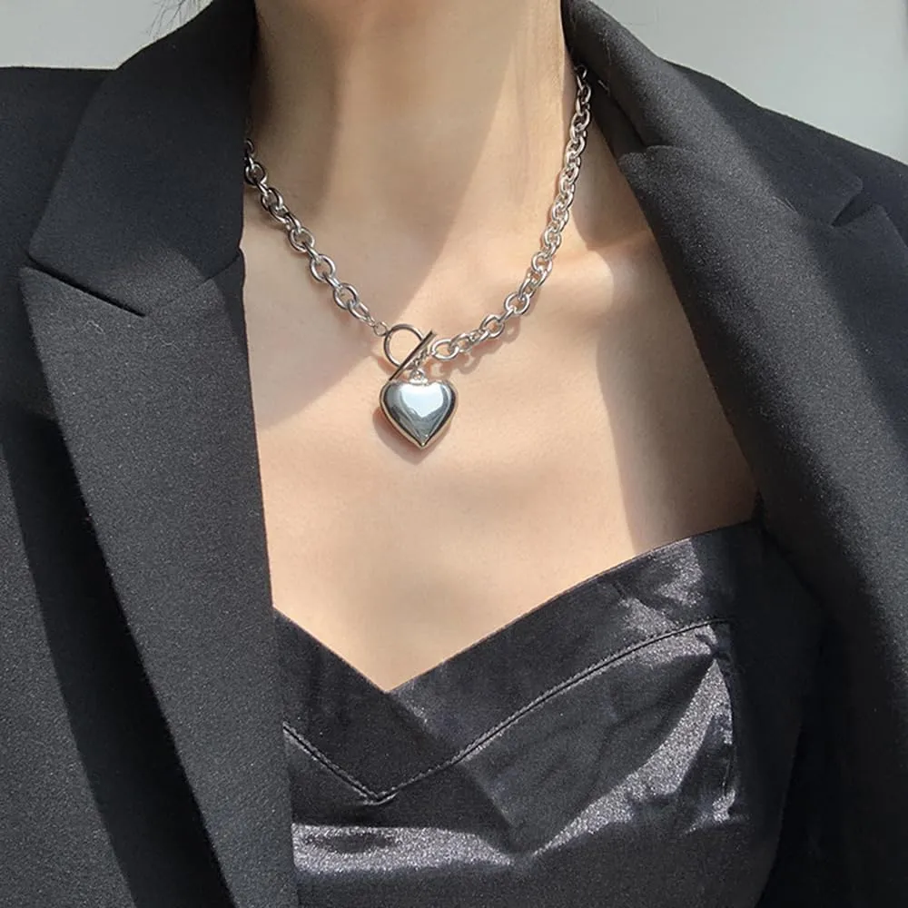 Chunky Gold Heart Necklaces for Women Gold Chunky Cross Necklace Dainty Gold Coin Sun Pendant Necklace Puffy Heart Necklace Cuban Link Necklace OT Buckle Necklace Metal Disc Charm Necklace Gold Statement Jewelry