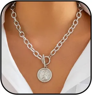 Chunky Gold Heart Necklaces for Women Gold Chunky Cross Necklace Dainty Gold Coin Sun Pendant Necklace Puffy Heart Necklace Cuban Link Necklace OT Buckle Necklace Metal Disc Charm Necklace Gold Statement Jewelry