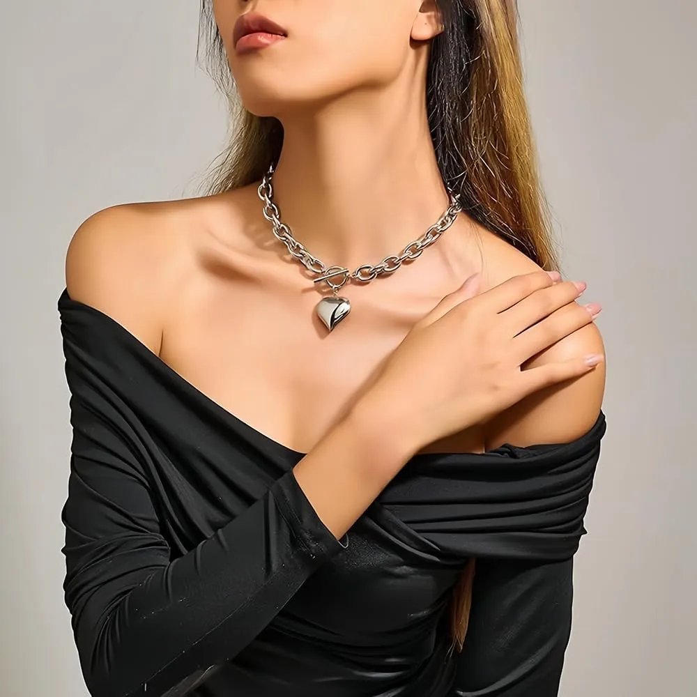 Chunky Gold Heart Necklaces for Women Gold Chunky Cross Necklace Dainty Gold Coin Sun Pendant Necklace Puffy Heart Necklace Cuban Link Necklace OT Buckle Necklace Metal Disc Charm Necklace Gold Statement Jewelry