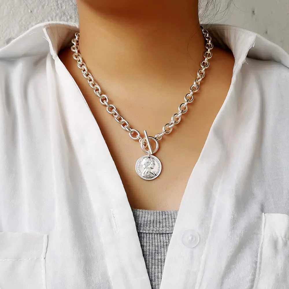 Chunky Gold Heart Necklaces for Women Gold Chunky Cross Necklace Dainty Gold Coin Sun Pendant Necklace Puffy Heart Necklace Cuban Link Necklace OT Buckle Necklace Metal Disc Charm Necklace Gold Statement Jewelry