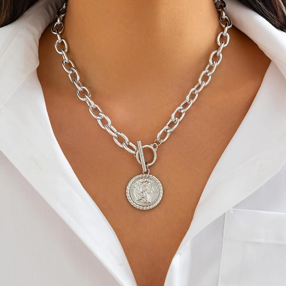 Chunky Gold Heart Necklaces for Women Gold Chunky Cross Necklace Dainty Gold Coin Sun Pendant Necklace Puffy Heart Necklace Cuban Link Necklace OT Buckle Necklace Metal Disc Charm Necklace Gold Statement Jewelry