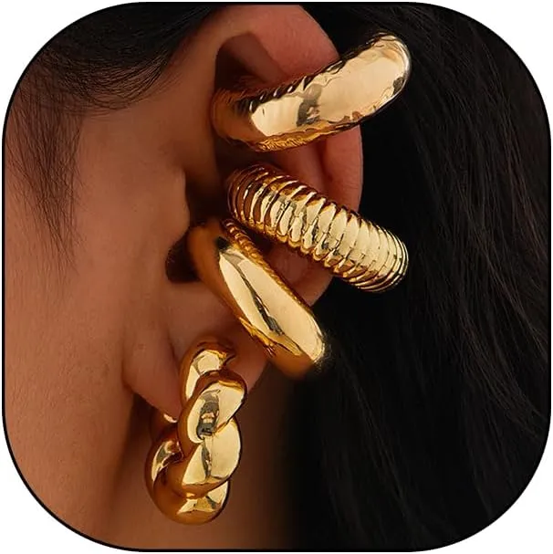 Chunky Gold Silver Ear Cuff for Women Punk Non Piercing Clip On Cartilage Cuff Earrings Thick Metal Ear Cuff Trendy 14K Gold Jewelry Hoop Earring