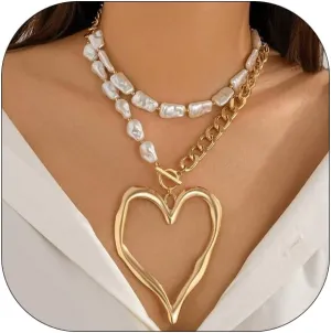 Chunky Heart Necklace for Women Chunky Gold Necklaces Large Hollow Heart Pendant Necklace for Women Exaggerated Adjustable Pearl Large Heart Necklaces Fashion Statement Jewelry for Women