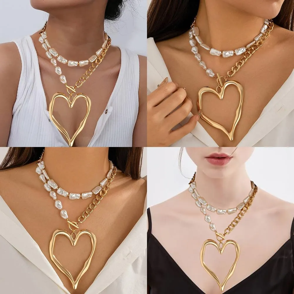 Chunky Heart Necklace for Women Chunky Gold Necklaces Large Hollow Heart Pendant Necklace for Women Exaggerated Adjustable Pearl Large Heart Necklaces Fashion Statement Jewelry for Women