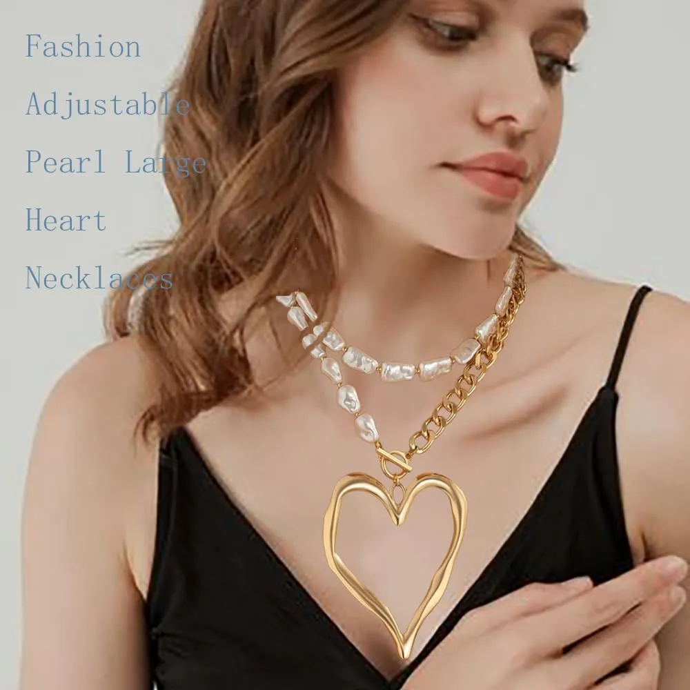 Chunky Heart Necklace for Women Chunky Gold Necklaces Large Hollow Heart Pendant Necklace for Women Exaggerated Adjustable Pearl Large Heart Necklaces Fashion Statement Jewelry for Women