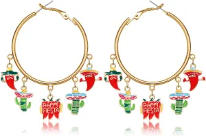 Cinco De Mayo Hoop Earrings for Women Mexican Fiesta Red Chili Pepper Hoop Earrings Cactus Sombrero Charms Hoop Earrings Colorful Enamel Cinco De Mayo Day Earrings Jewelry Mexican Holiday Party Gift