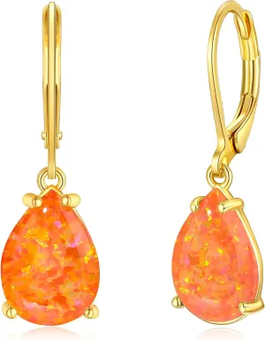 CiNily Teardrop Leverback Dangle Earrings for Women Hypoallergenic Created Fire Opal Pendant Drop Earrings 14K White/Rose/Gold Hanging Lever Earrings Fashion Graduation Party Jewelry Gifts