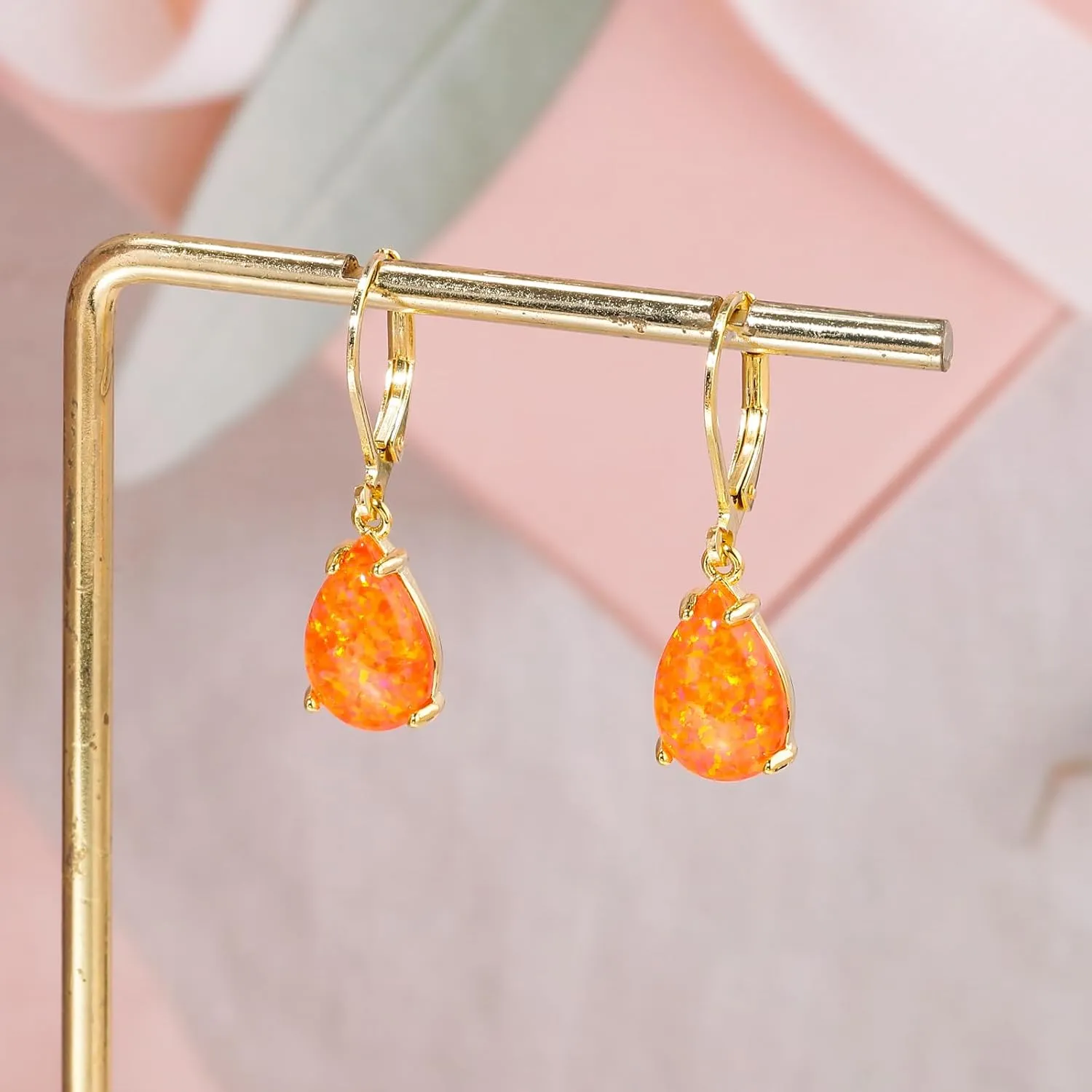 CiNily Teardrop Leverback Dangle Earrings for Women Hypoallergenic Created Fire Opal Pendant Drop Earrings 14K White/Rose/Gold Hanging Lever Earrings Fashion Graduation Party Jewelry Gifts