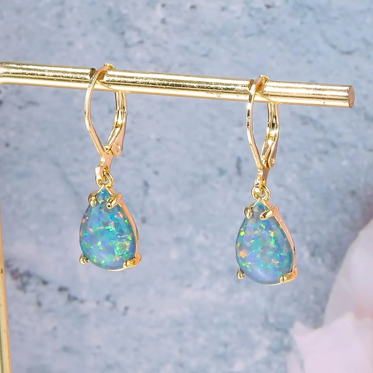 CiNily Teardrop Leverback Dangle Earrings for Women Hypoallergenic Created Fire Opal Pendant Drop Earrings 14K White/Rose/Gold Hanging Lever Earrings Fashion Graduation Party Jewelry Gifts