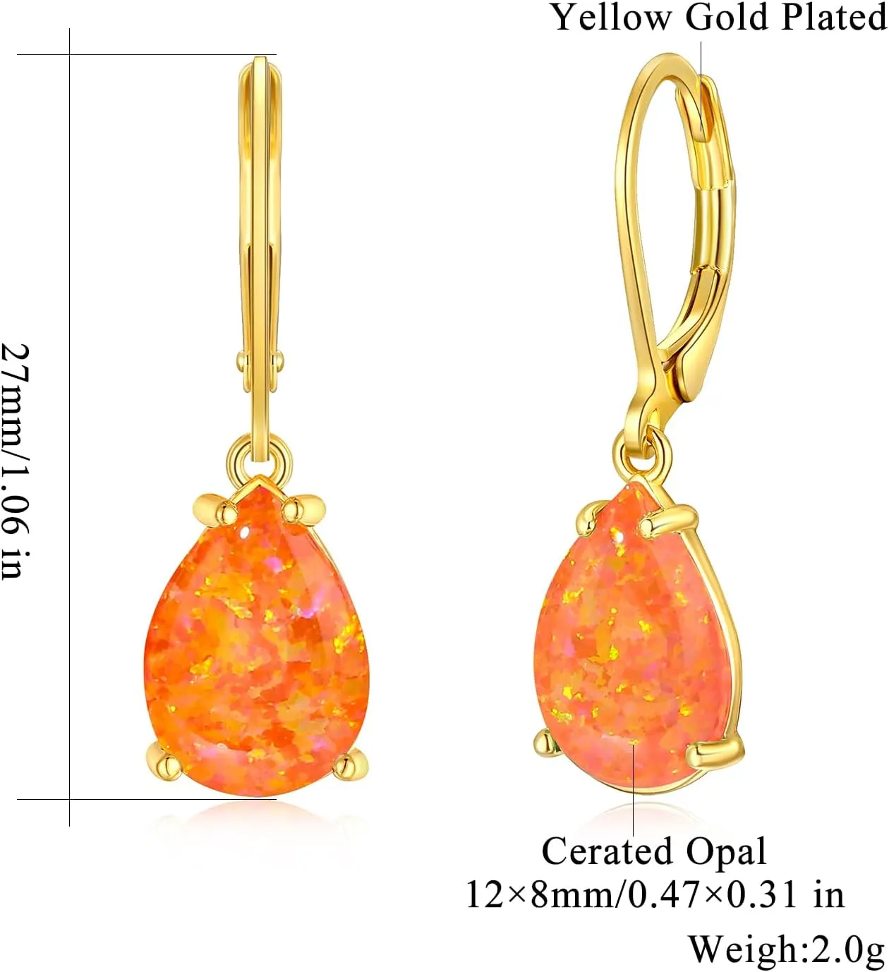 CiNily Teardrop Leverback Dangle Earrings for Women Hypoallergenic Created Fire Opal Pendant Drop Earrings 14K White/Rose/Gold Hanging Lever Earrings Fashion Graduation Party Jewelry Gifts