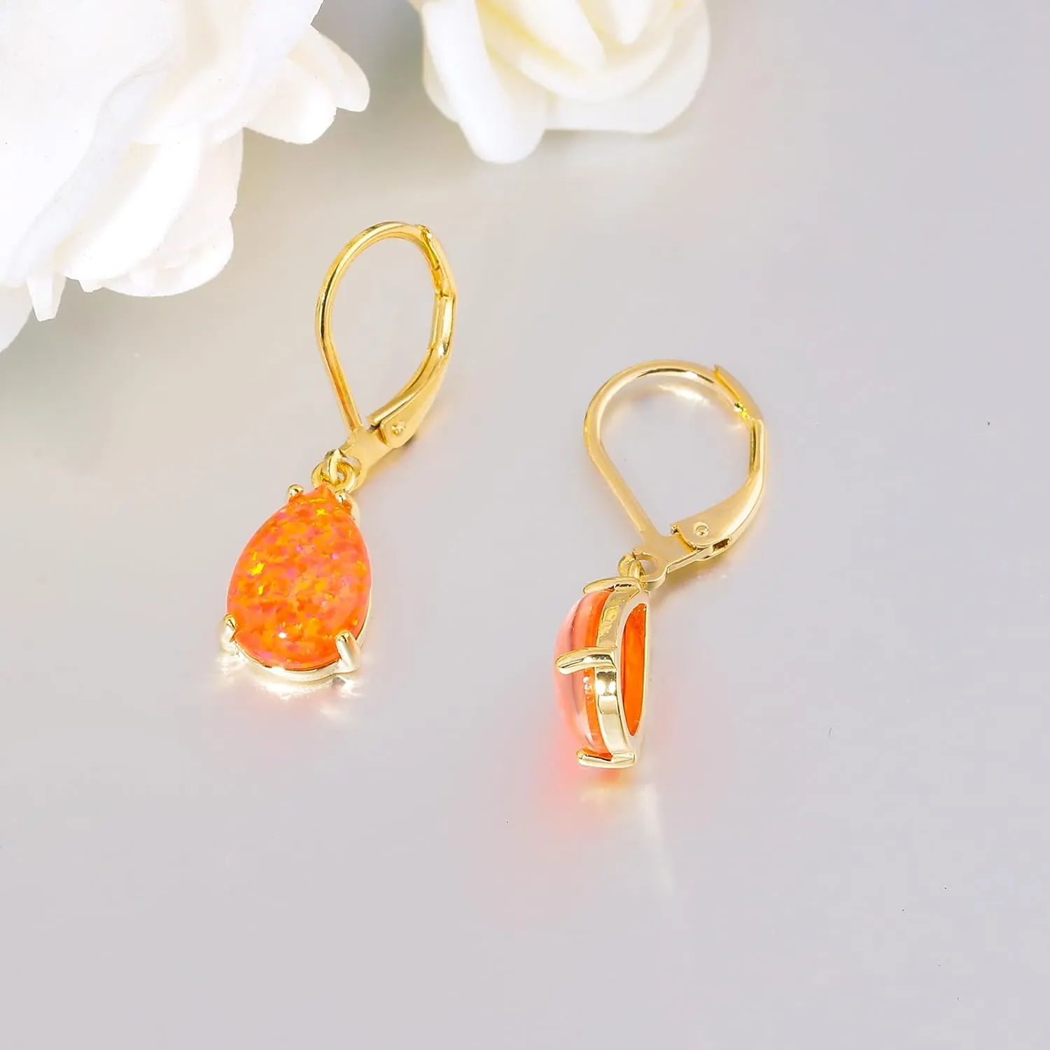 CiNily Teardrop Leverback Dangle Earrings for Women Hypoallergenic Created Fire Opal Pendant Drop Earrings 14K White/Rose/Gold Hanging Lever Earrings Fashion Graduation Party Jewelry Gifts