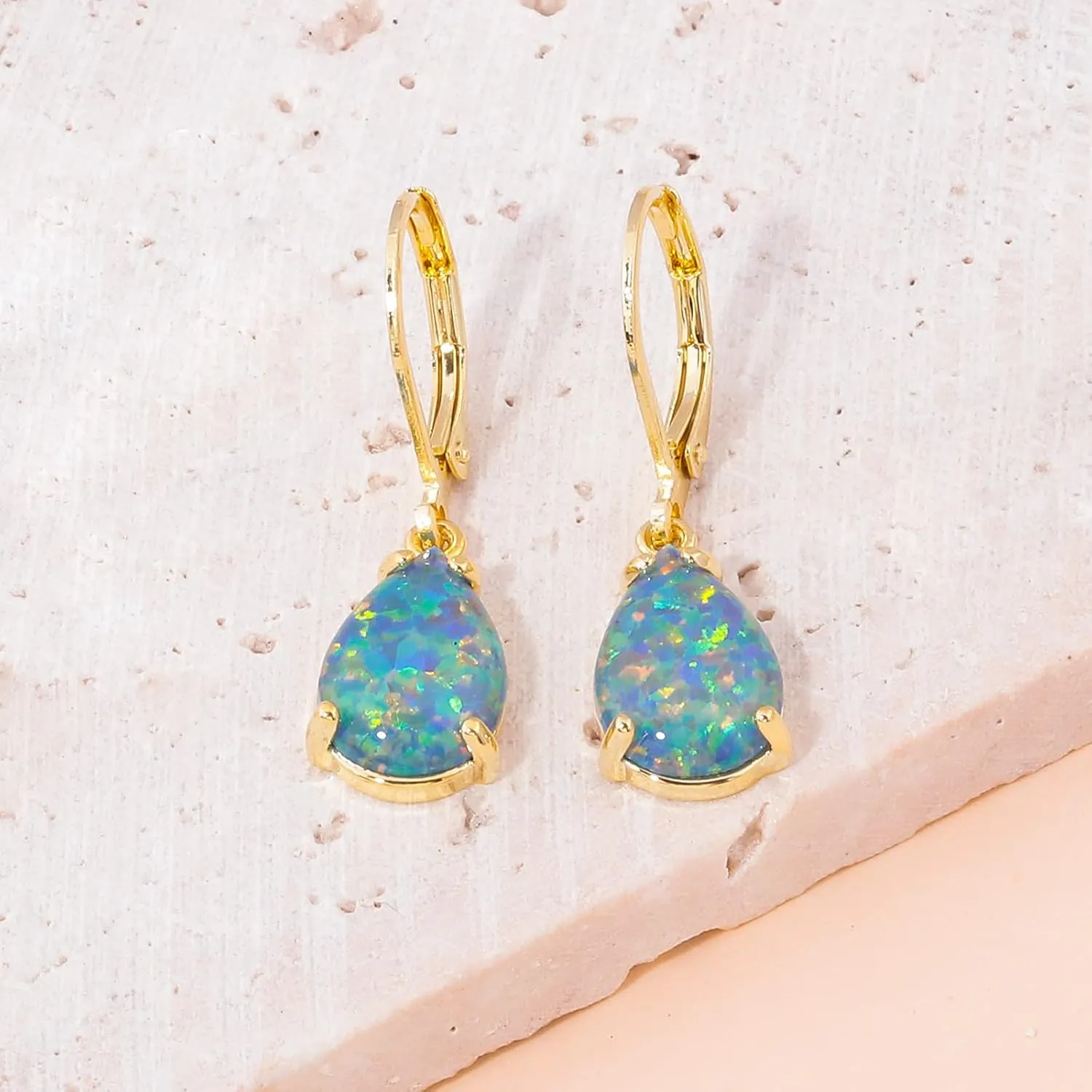 CiNily Teardrop Leverback Dangle Earrings for Women Hypoallergenic Created Fire Opal Pendant Drop Earrings 14K White/Rose/Gold Hanging Lever Earrings Fashion Graduation Party Jewelry Gifts