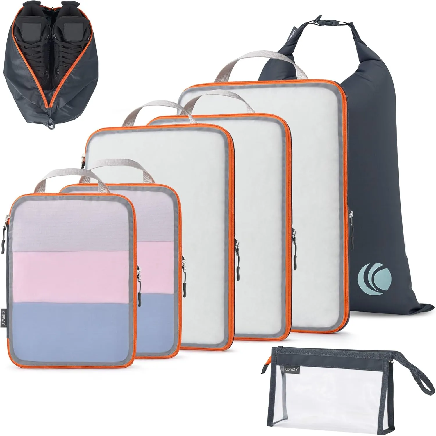 Cipway Compression Packing Cubes Mesh, Lightweight Luggage Organizer Bags with Laundry Bag, Toiletries Bag and Shoe Bag, Travel Essentials for Carry on Suitcase8 Pcs,Grey