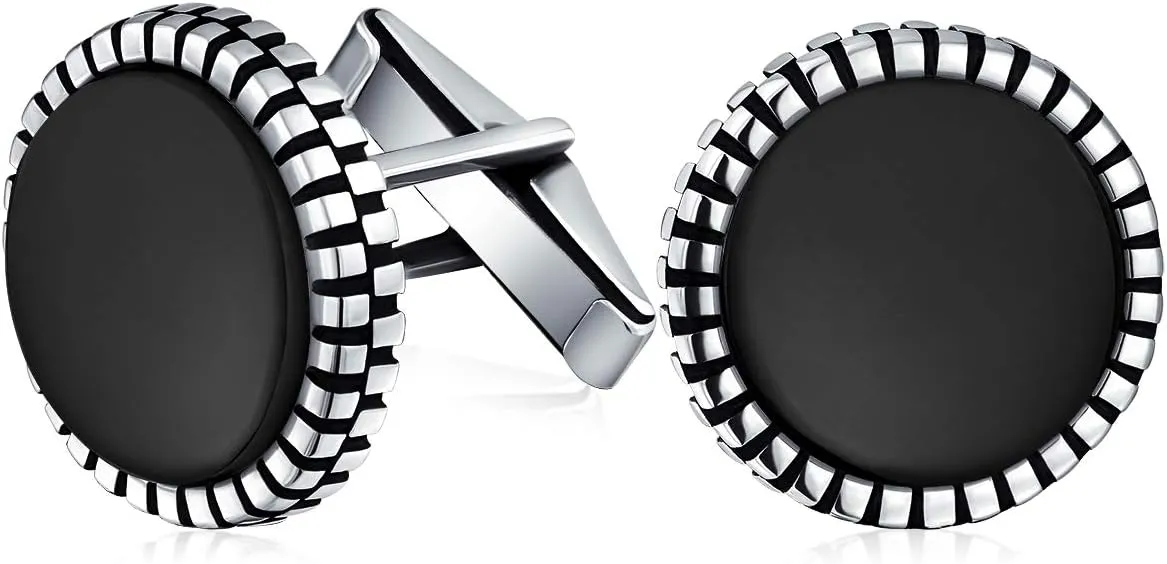 Classic Formal Geometric Blackened Pattern Edge Round Circle Genuine Black Onyx Shirt Cufflinks Men Groom Bullet Hinge .925 Sterling Silver