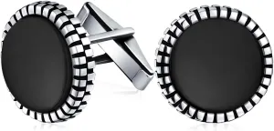 Classic Formal Geometric Blackened Pattern Edge Round Circle Genuine Black Onyx Shirt Cufflinks Men Groom Bullet Hinge .925 Sterling Silver