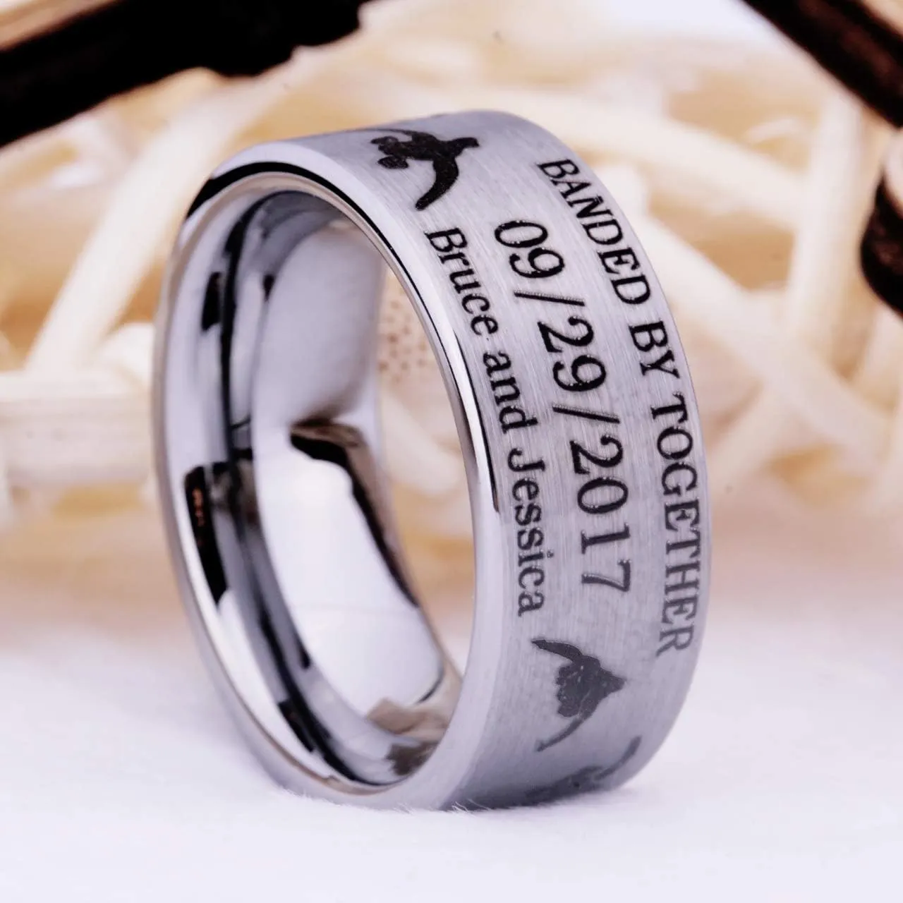 CLOUD DANCER Customizable for Wedding Date and The Names of Groom and Bride - Hunting Ducks Design and Matted Finished Tungsten Carbide Ring