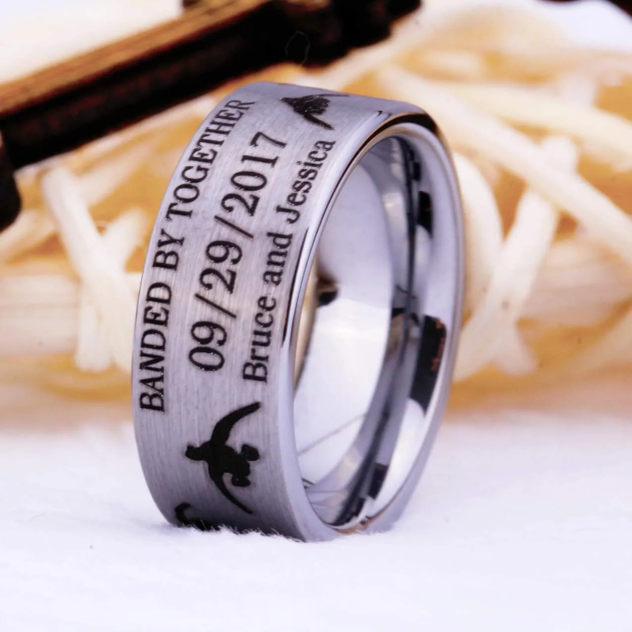 CLOUD DANCER Customizable for Wedding Date and The Names of Groom and Bride - Hunting Ducks Design and Matted Finished Tungsten Carbide Ring