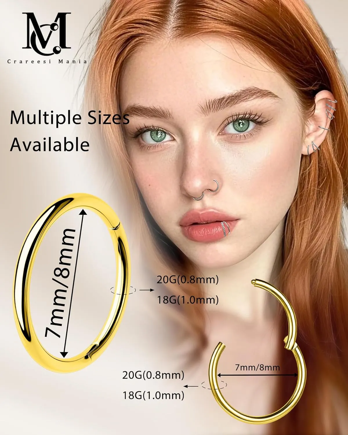 CM Crareesi Mania Nose Rings for Women 3PCS Nose Rings Hoops 316L Surgical Steel Double Hoop Nose Ring Septum Rings Earring Helix Daith Cartilage Tragus Conch Rook