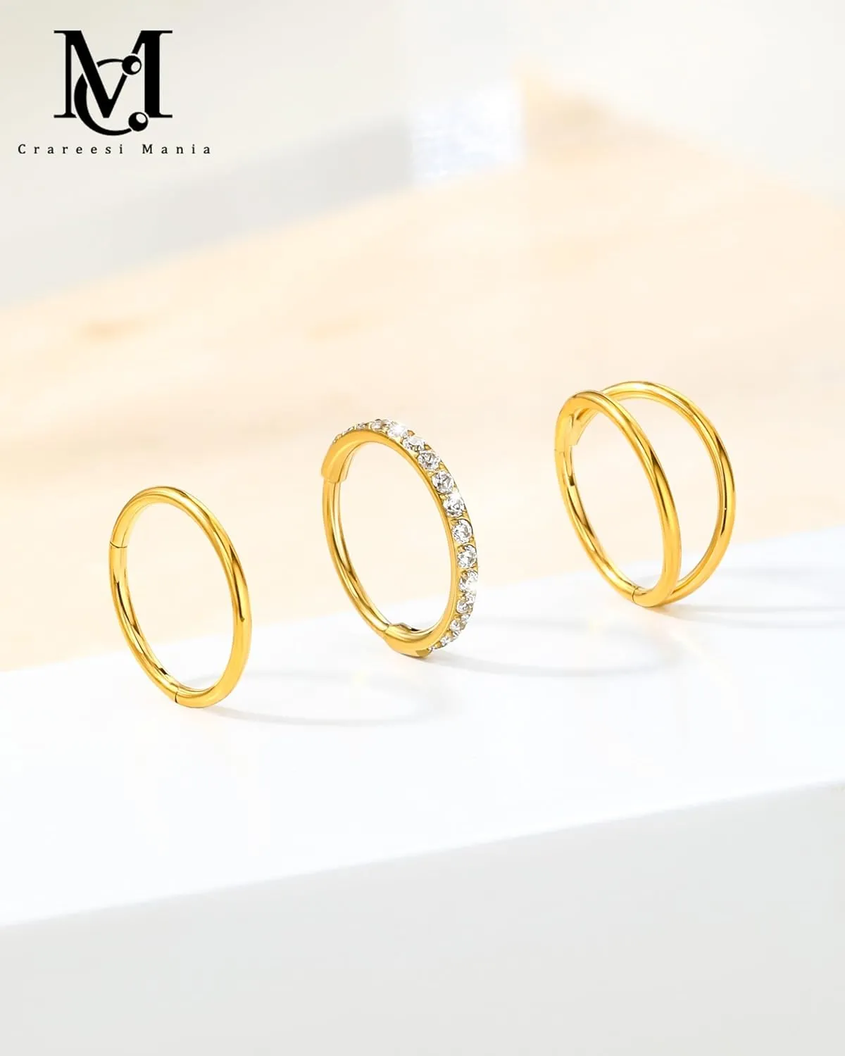 CM Crareesi Mania Nose Rings for Women 3PCS Nose Rings Hoops 316L Surgical Steel Double Hoop Nose Ring Septum Rings Earring Helix Daith Cartilage Tragus Conch Rook