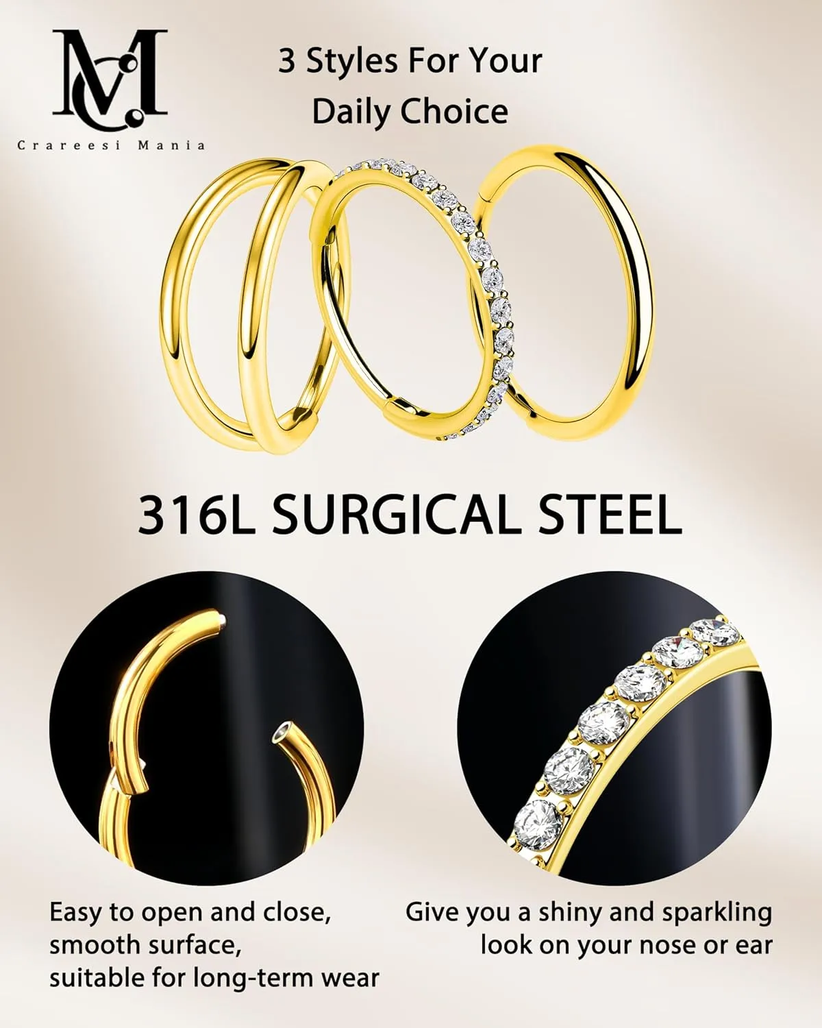 CM Crareesi Mania Nose Rings for Women 3PCS Nose Rings Hoops 316L Surgical Steel Double Hoop Nose Ring Septum Rings Earring Helix Daith Cartilage Tragus Conch Rook
