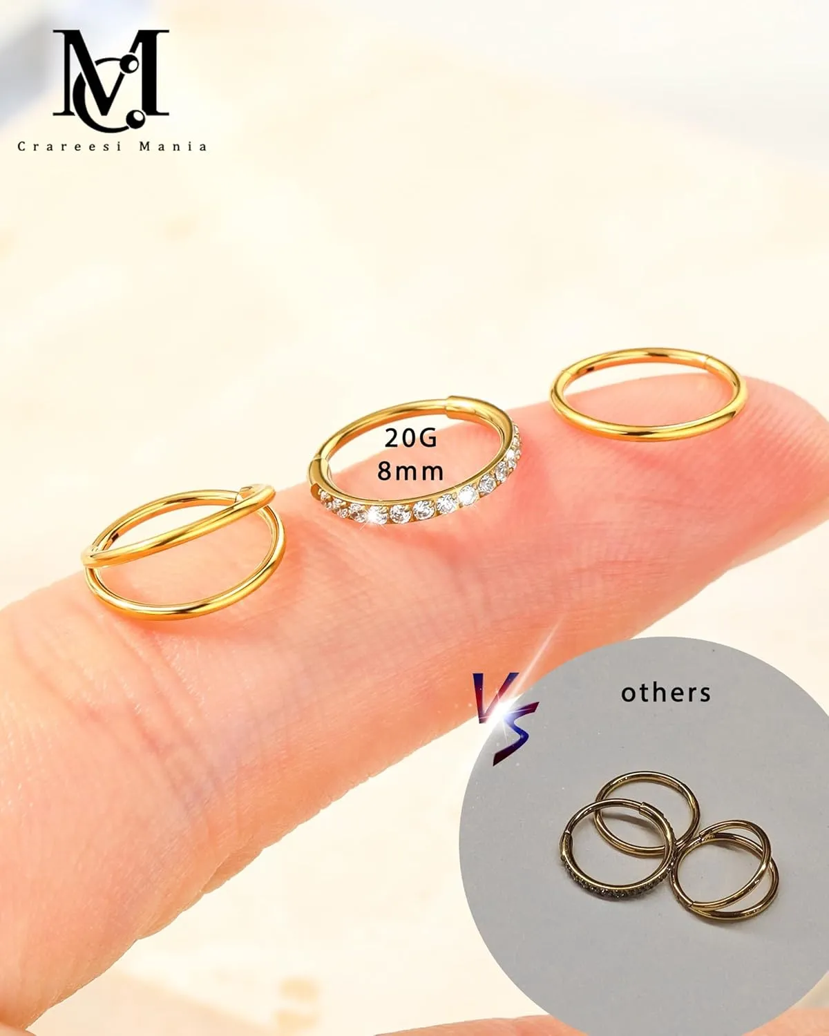 CM Crareesi Mania Nose Rings for Women 3PCS Nose Rings Hoops 316L Surgical Steel Double Hoop Nose Ring Septum Rings Earring Helix Daith Cartilage Tragus Conch Rook