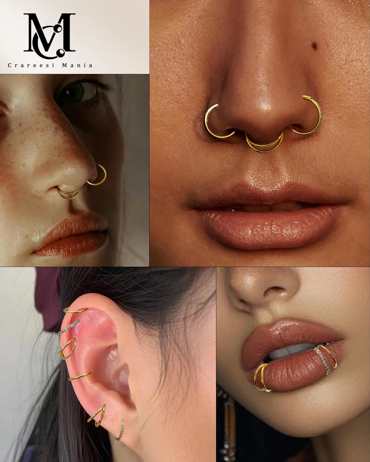 CM Crareesi Mania Nose Rings for Women 3PCS Nose Rings Hoops 316L Surgical Steel Double Hoop Nose Ring Septum Rings Earring Helix Daith Cartilage Tragus Conch Rook