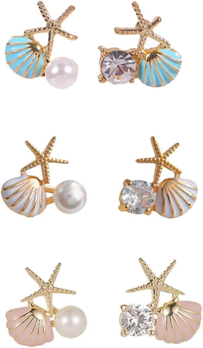 coadipress 3 Pairs Starfish Pearl Stud Earrings for Women Cute Small Ocean Starfish Stud Earrings Rhinestone Shell Starfishs Star Earrings Summer Ocean Beach Theme Jewelry Gifts