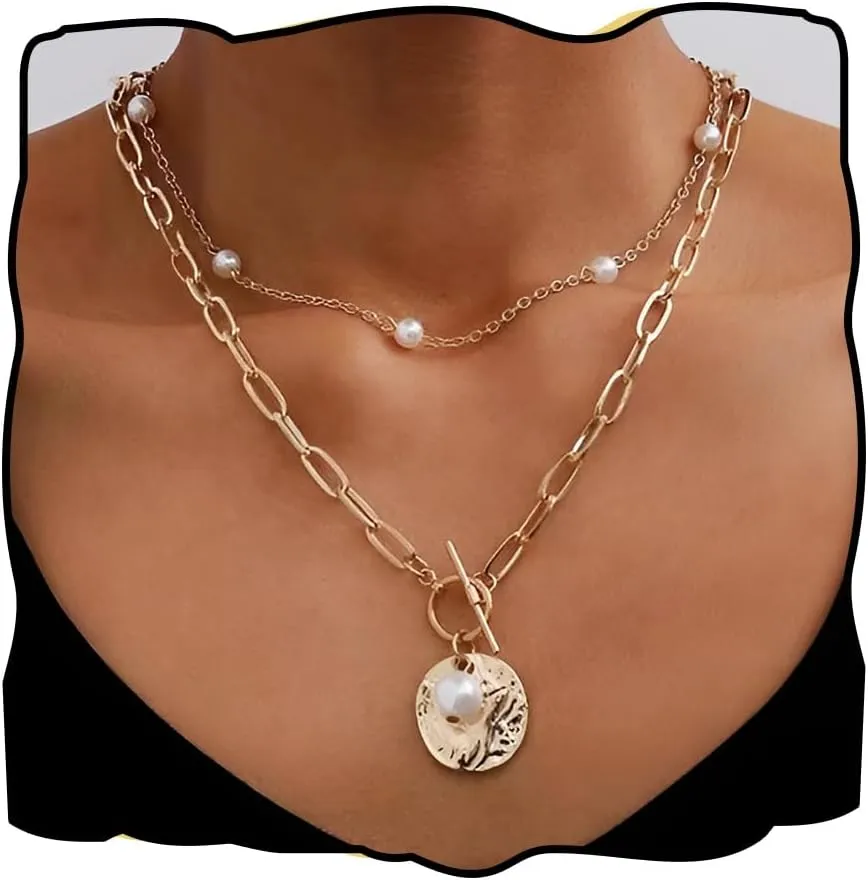 Coin Necklace for Women Gold Layered Necklaces Pearl Link Choker
