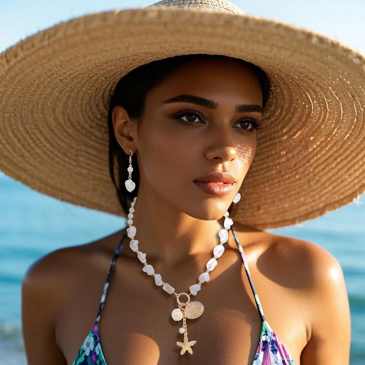 Coiris Natural Seashell Choker Necklaces Earrings Jewelry Set for Women Starfish Shell Freshwater Pearl Collar Necklaces for Women Irregular Mother of Pearl Jewelry Set