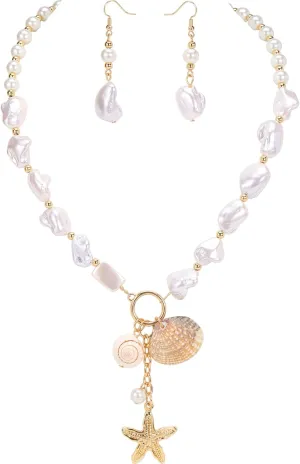 Coiris Natural Seashell Choker Necklaces Earrings Jewelry Set for Women Starfish Shell Freshwater Pearl Collar Necklaces for Women Irregular Mother of Pearl Jewelry Set