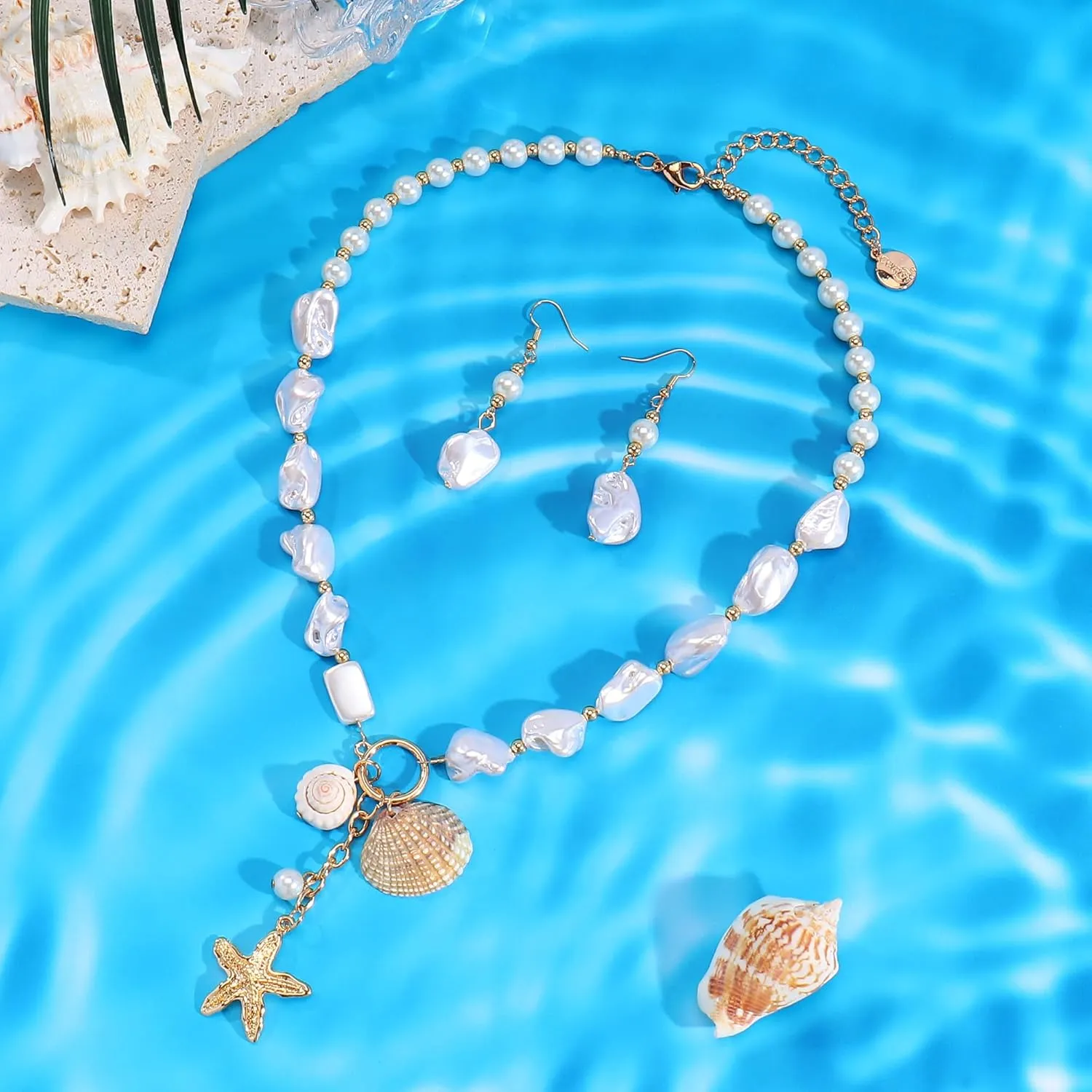 Coiris Natural Seashell Choker Necklaces Earrings Jewelry Set for Women Starfish Shell Freshwater Pearl Collar Necklaces for Women Irregular Mother of Pearl Jewelry Set